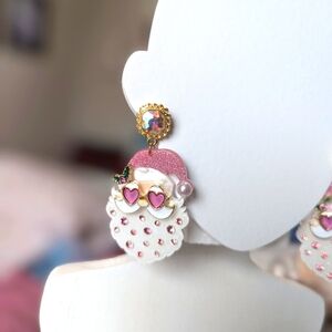 Pink Santa earrings with crystal and pearl. Post style. Acrylic and metal